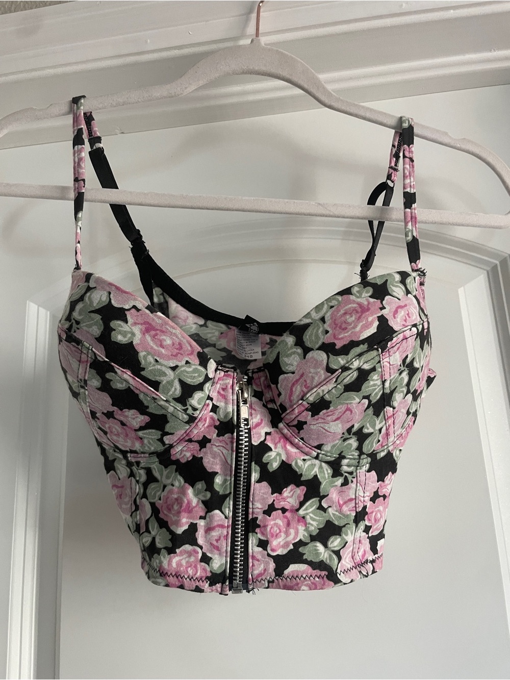 Hell Bunny Rose Print Bustier Crop Top Black Pink Floral Zip Front 32B